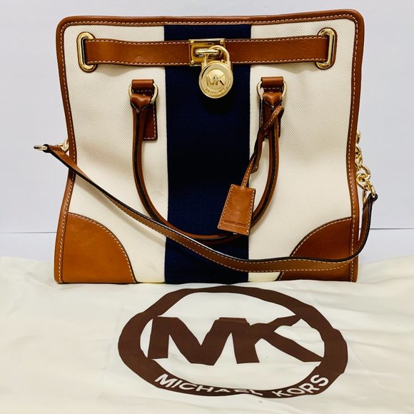 MICHAEL KORS HAMILTON MONO STRIPE CANVAS AND LEATHER TOTE LARGE W DUST BAG RARE
